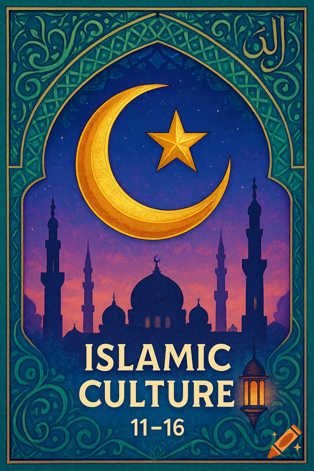 Stylized poster with a golden crescent moon and star over a mosque silhouette at sunset, framed by intricate Islamic patterns. Text reads 'ISLAMIC CULTURE 11-16'.