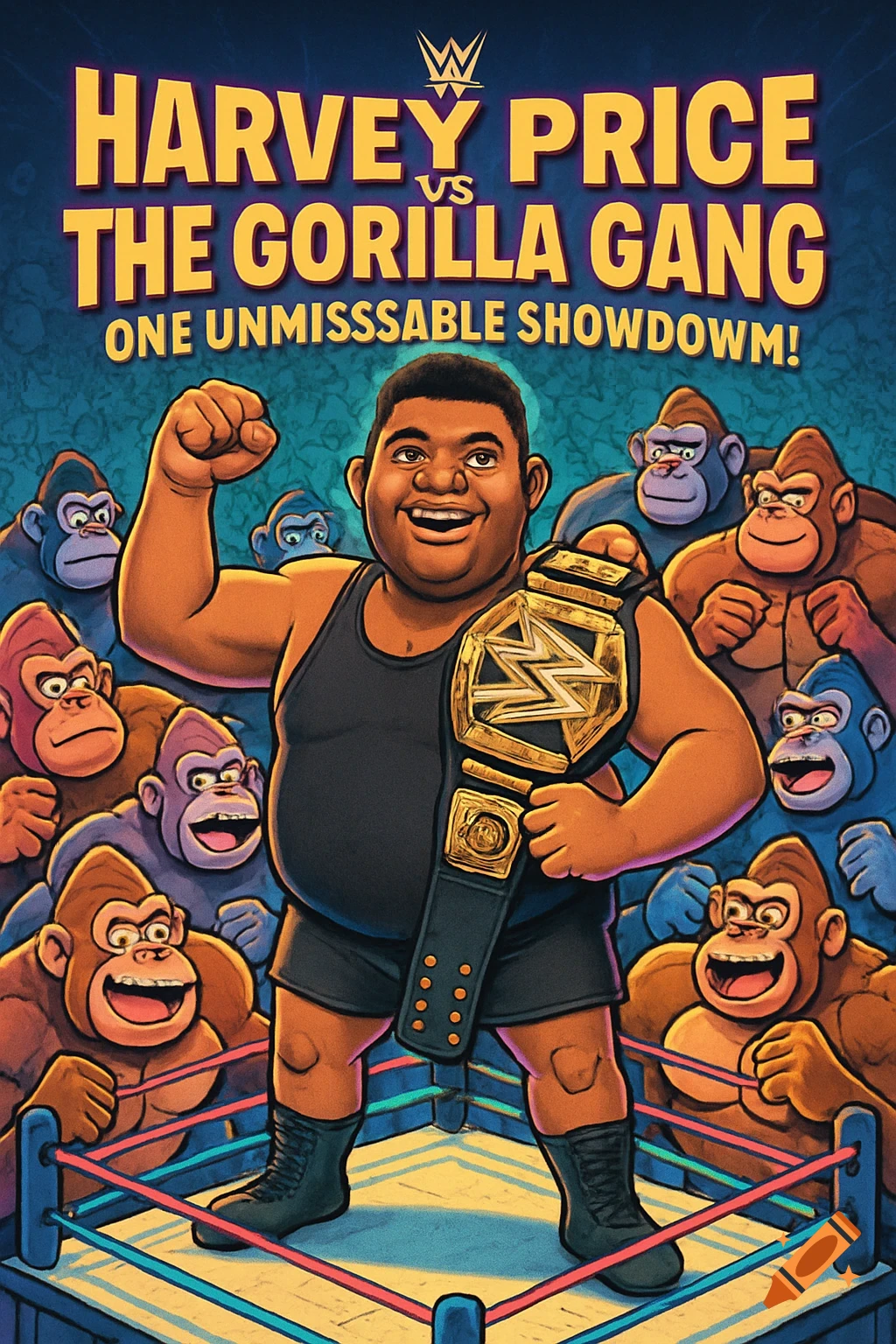 Cartoon WWE poster: Harvey Price, a smiling wrestler, stands in a ring surrounded by cheering gorillas, with text reading "HARVEY PRICE VS THE GORILLA GANG".