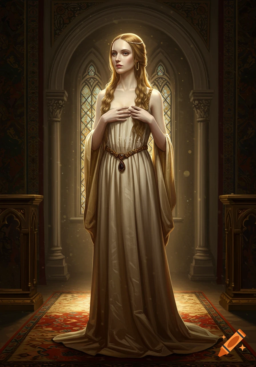 A full-length realistic painting of a queen in modest royal robes, standing under an ornate archway with stained glass windows.