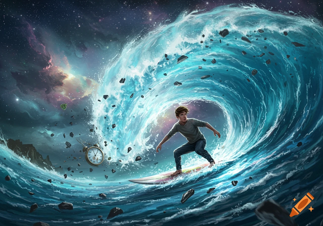 A young man surfs a giant turquoise wave with floating rocks and an alarm clock, set against a cosmic starry sky, in a vibrant digital painting.