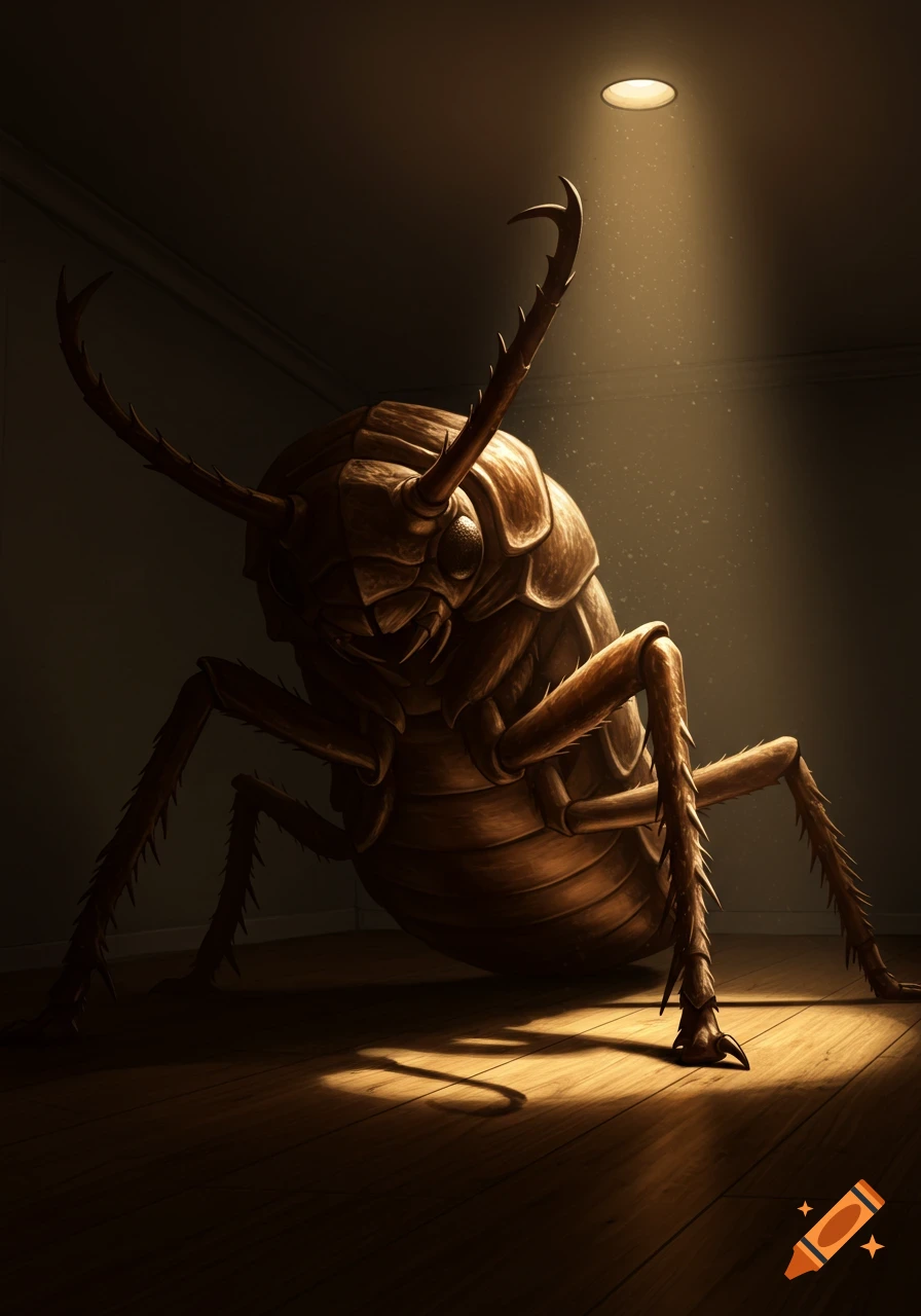 A large, brown, armored insect with numerous legs in a dimly lit room, illuminated by a single overhead light.