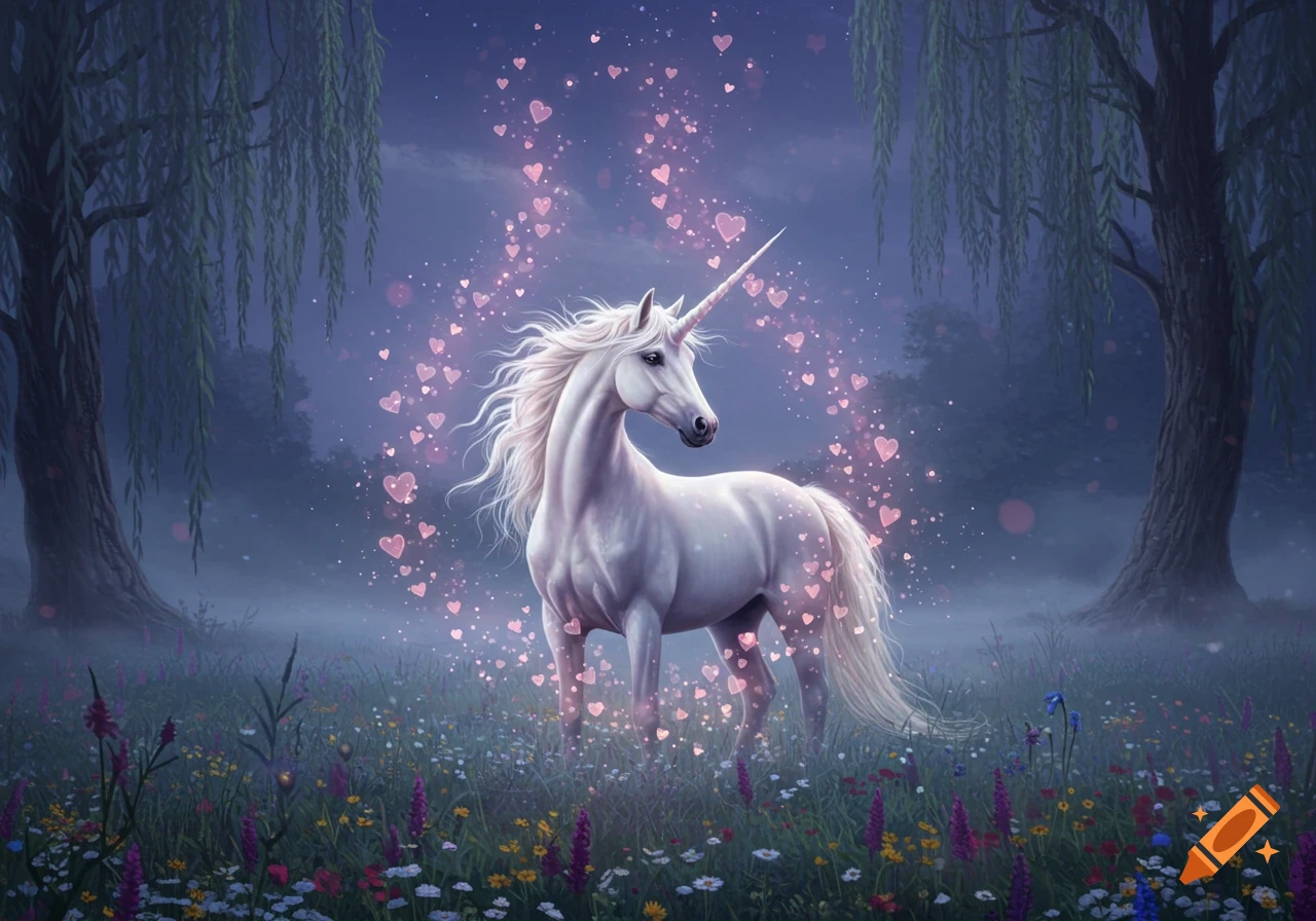 A majestic white unicorn stands in a mystical, moonlit forest clearing, surrounded by a glowing trail of pink hearts and sparkles.