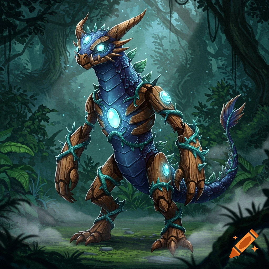 A mystical blue and wood dragon-like creature with glowing orbs and thorny vines stands in a lush, misty forest, digital art.