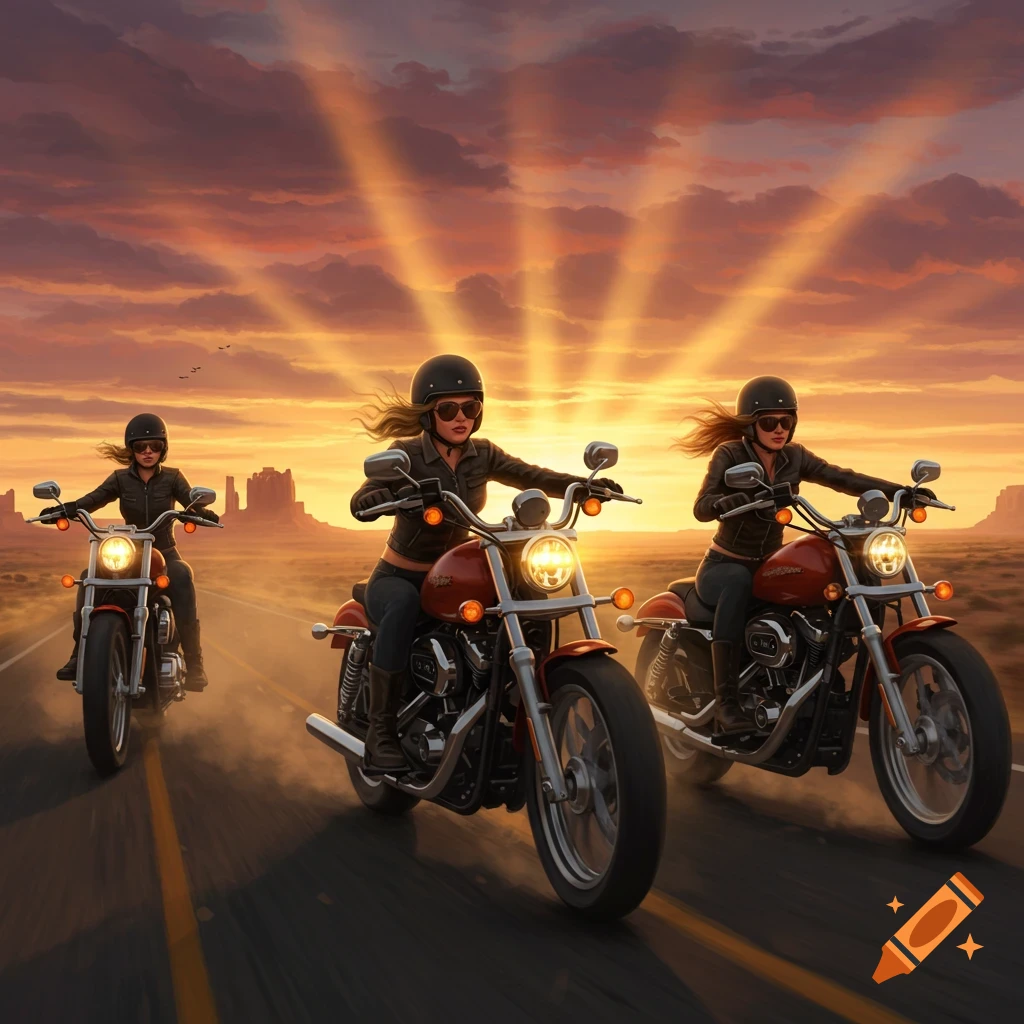 Three women ride motorcycles down a desert road at sunset with sunbeams in the sky.