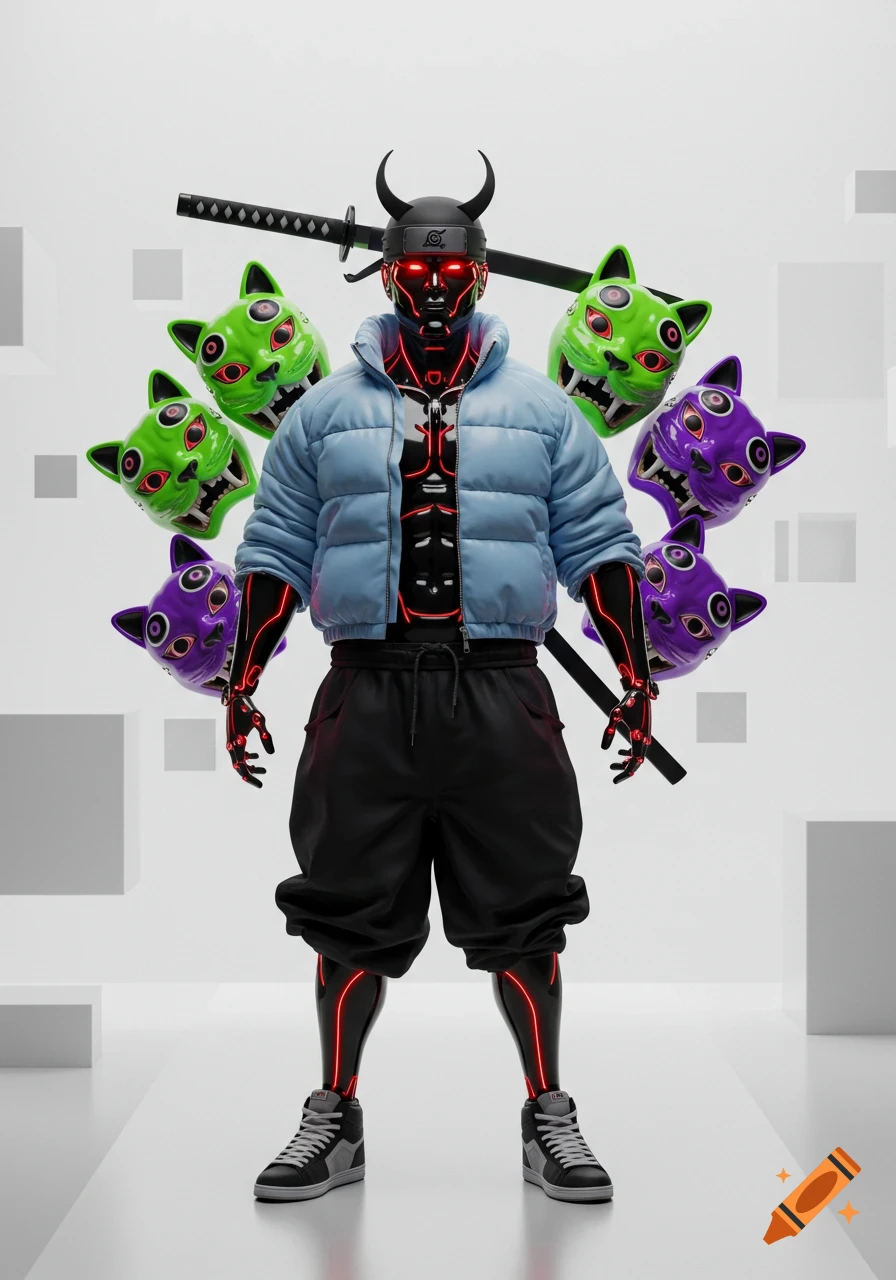 A hyper-realistic robotic character with red glowing lines, a blue puffy jacket, black pants, and a katana, surrounded by green and purple cat masks.
