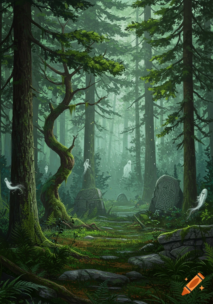Dark, mossy forest with ancient Celtic gravestones and floating white ghosts, in a painterly fantasy style.