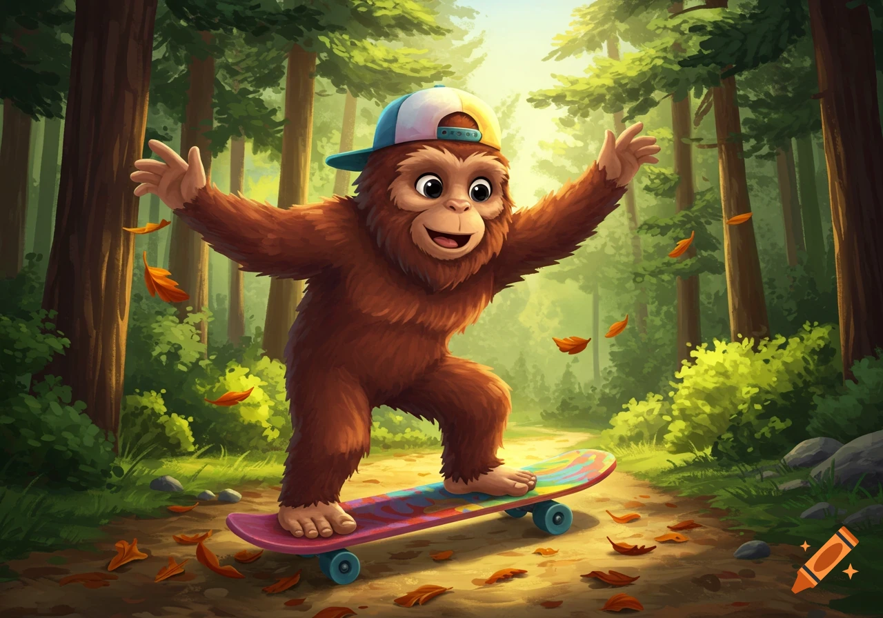 A cute, cartoon sasquatch wearing a baseball cap grins while skateboarding down a forest path with falling autumn leaves.