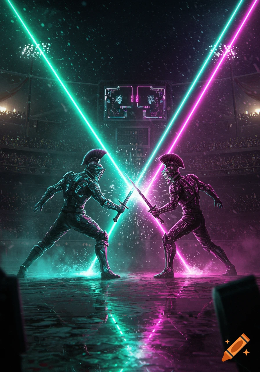 Two cyberpunk gladiators in an arena clash energy swords amidst neon lights and falling snow.
