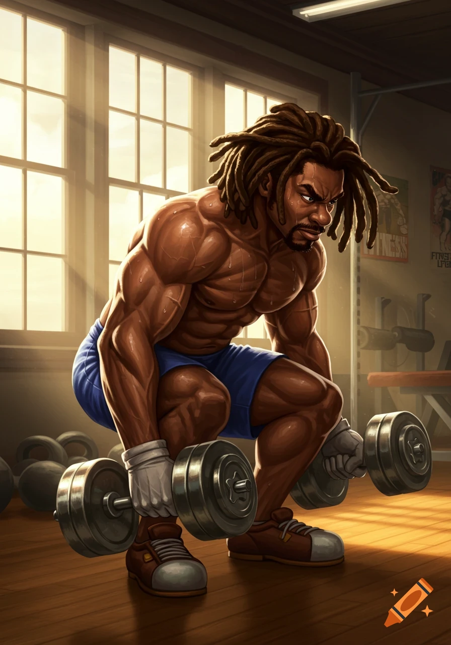 Stylized illustration of a muscular man with dreadlocks lifting dumbbells in a sunlit gym.