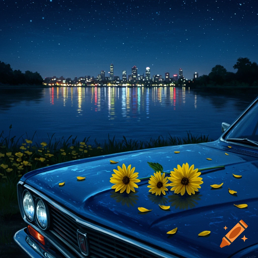 Three yellow sunflowers and petals on a blue car hood overlooking a lake with a city skyline at night under a starry sky.