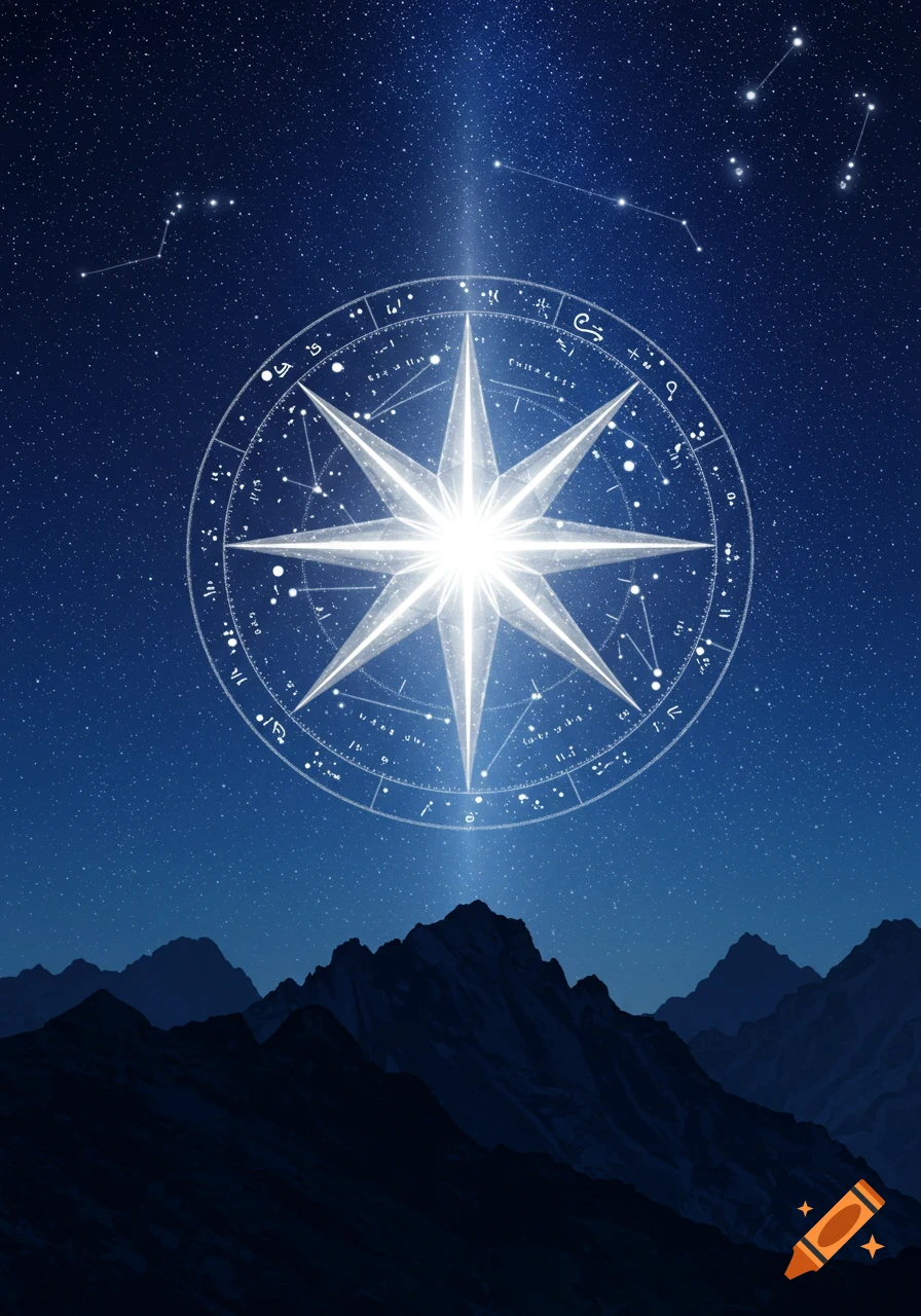 A glowing eight-pointed star compass with astrological symbols floats in a dark blue, star-filled night sky above silhouetted mountain peaks.