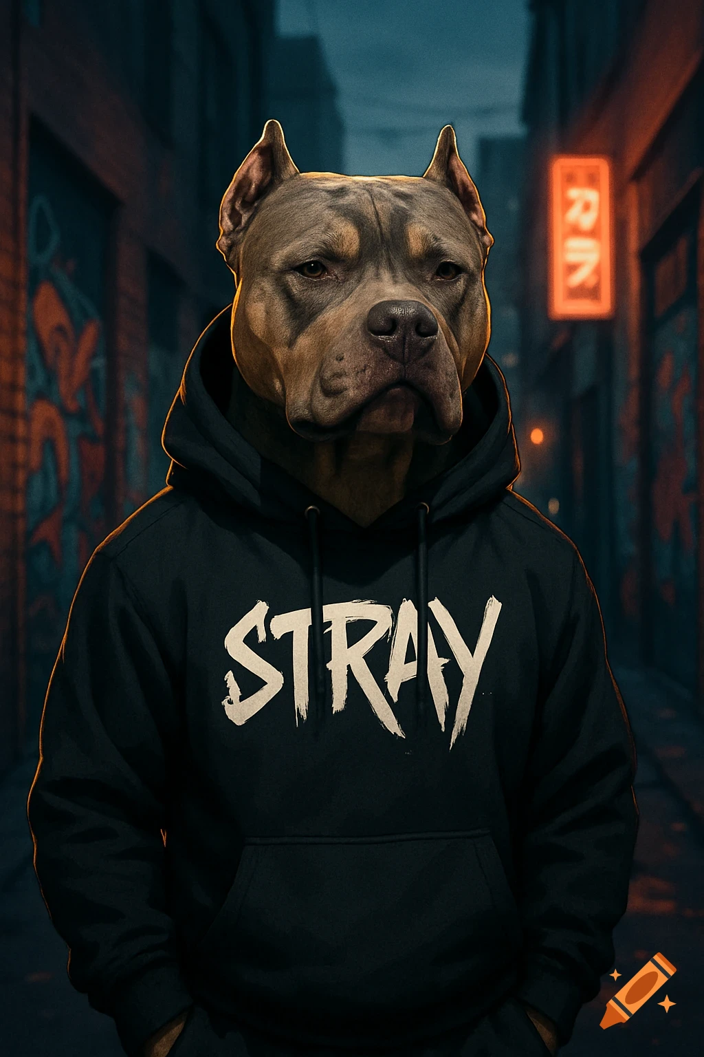Photorealistic image of a pitbull wearing a black hoodie with 'STRAY' logo in a dark urban alley with graffiti.