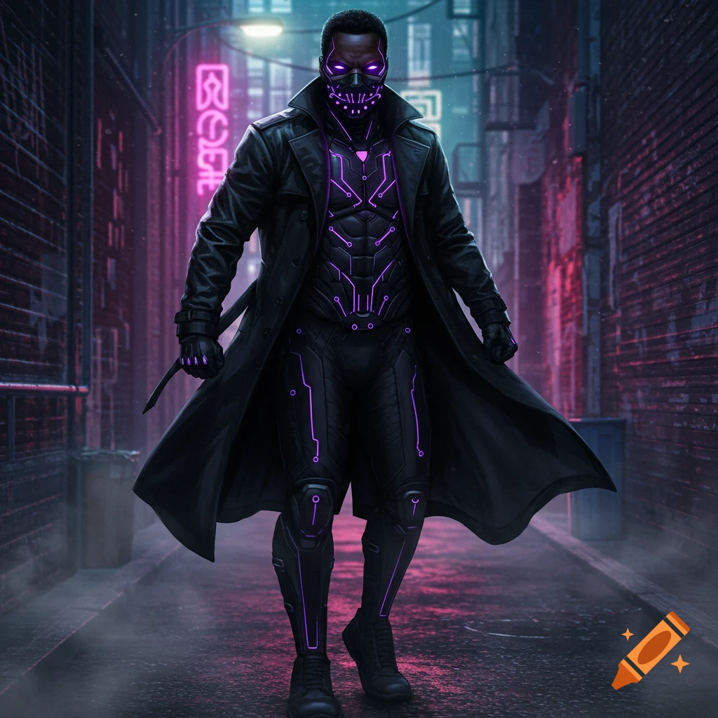 A Black vigilante in a black trench coat over a high-tech black and purple suit and mask stands in a neon-lit cyberpunk alley.