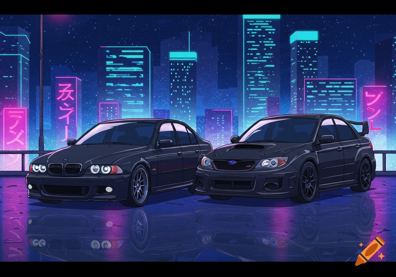 Two black cars, a BMW M5 and a Subaru WRX STI, parked side by side in a neon-lit cyberpunk city, drawn in Japanese cartoon style.