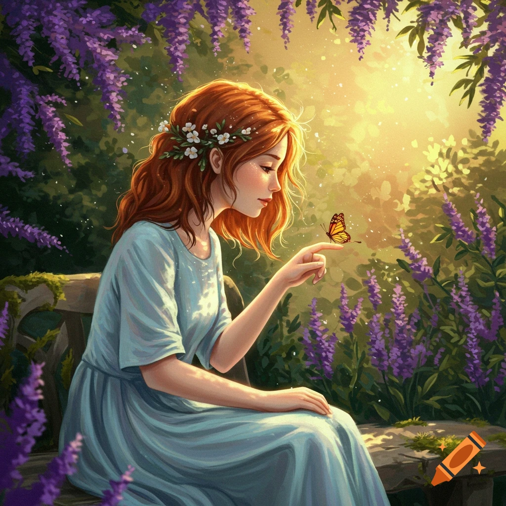 Digital art of a red-haired woman with a flower crown in a lavender garden, watching a butterfly on her finger.