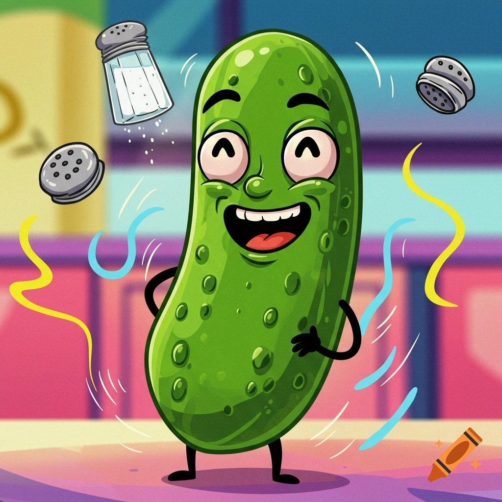 A happy cartoon pickle with arms and legs smiles broadly as two salt shakers float around it with colorful streamers in a vibrant, lively scene.