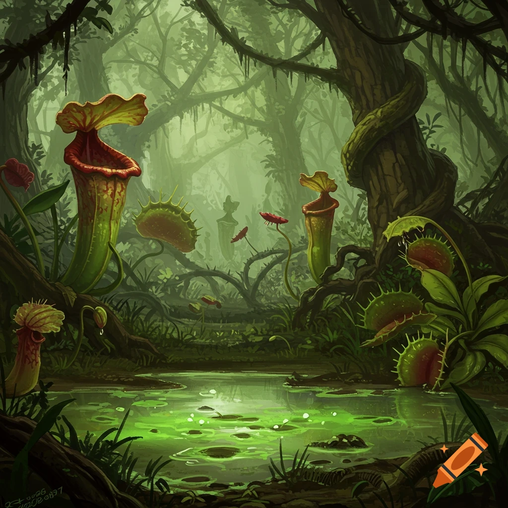 Lush, misty jungle illustration featuring pitcher plants, Venus fly traps, thorny vines, and luminous green slime pools.