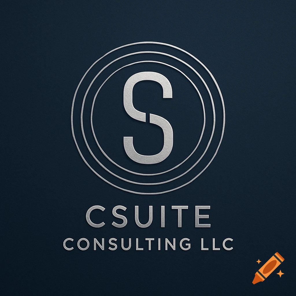 Silver metallic letter S in concentric circles with 'CSUITE CONSULTING LLC' below on a dark blue textured background, logo design.
