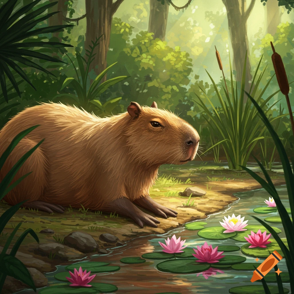 A fluffy brown capybara sits by a stream filled with pink and white water lilies in a lush, green jungle.