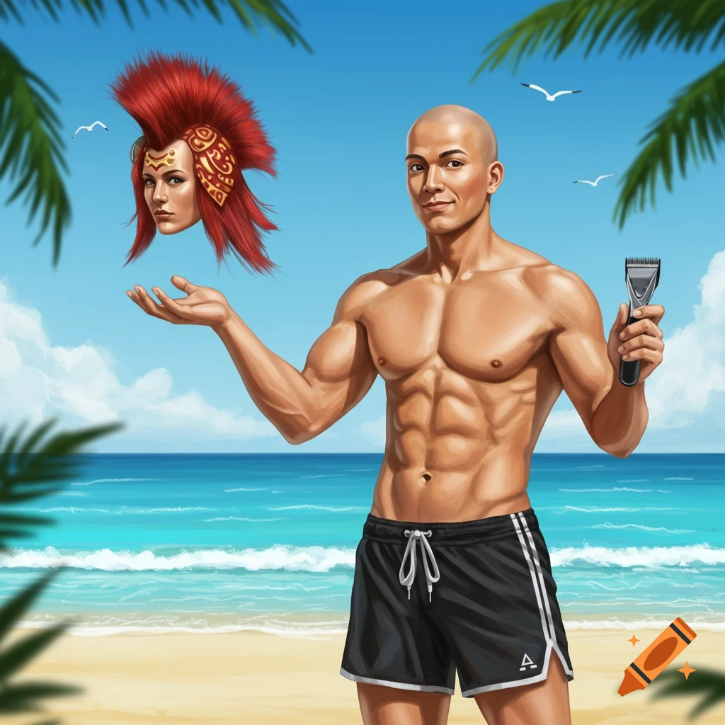 A muscular bald man in swim shorts stands on a beach, holding a red mohawk wig and hair clippers. Illustration.