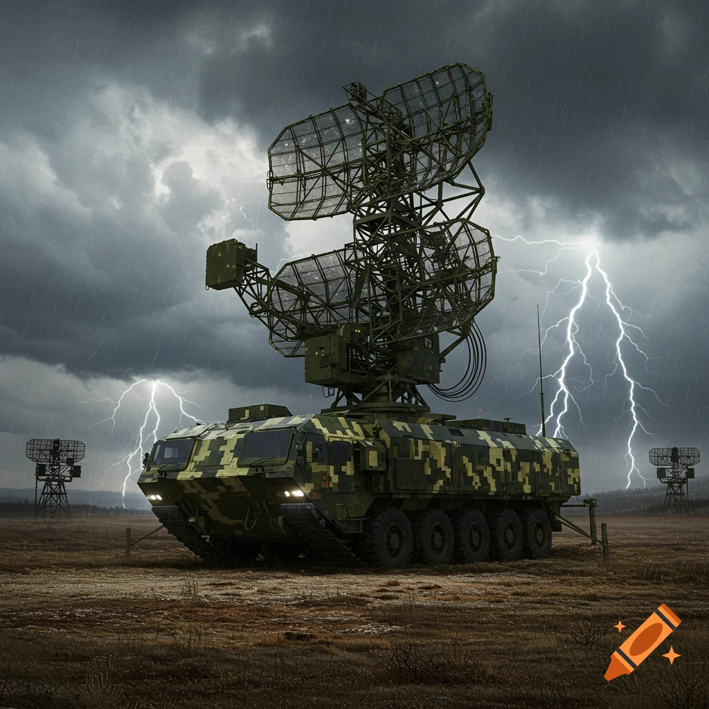 A large, camouflaged military radar vehicle with two massive dish antennas stands in a muddy field during a lightning storm, with rain falling.