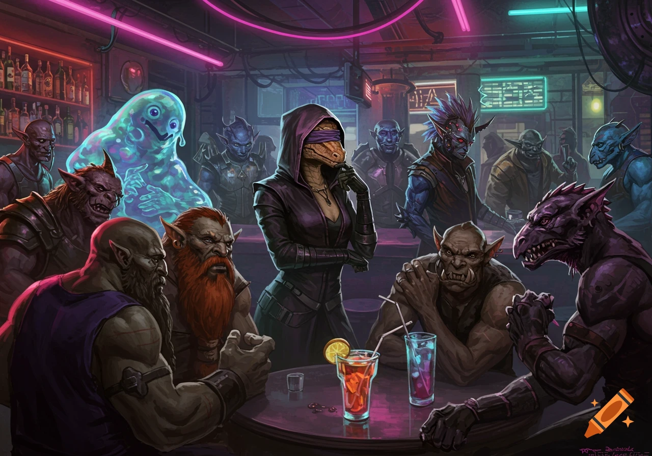 A vibrant cyberpunk bar full of diverse fantasy creatures, including orcs, a reptilian, and a slime creature, sitting at tables with drinks.