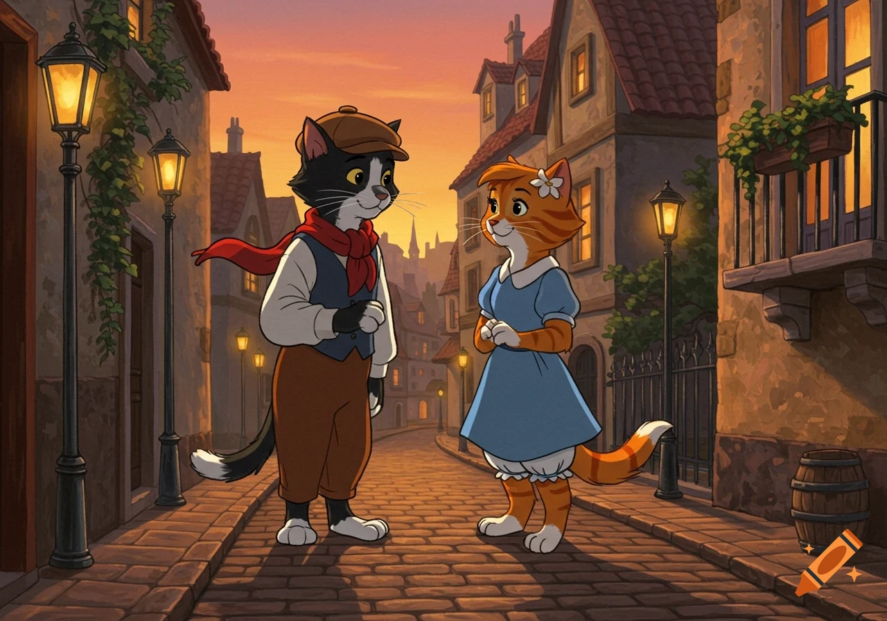Two anthropomorphic cats, a male black and white and a female orange, gaze lovingly on a European street at sunset, in Don Bluth animation style.