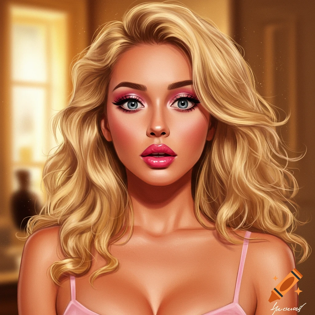 A stylized digital art portrait of a blonde woman with large blue eyes, vibrant pink makeup, and full lips, wearing a pink spaghetti strap top, against a warm, blurred background.