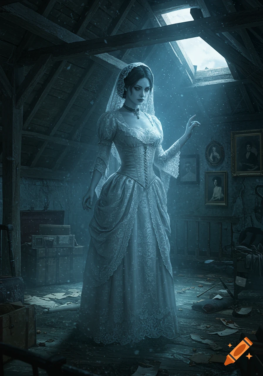 Photorealistic image of a beautiful ghost woman in an ornate Victorian gown and veil, standing in a dusty attic with light shining through a skylight.