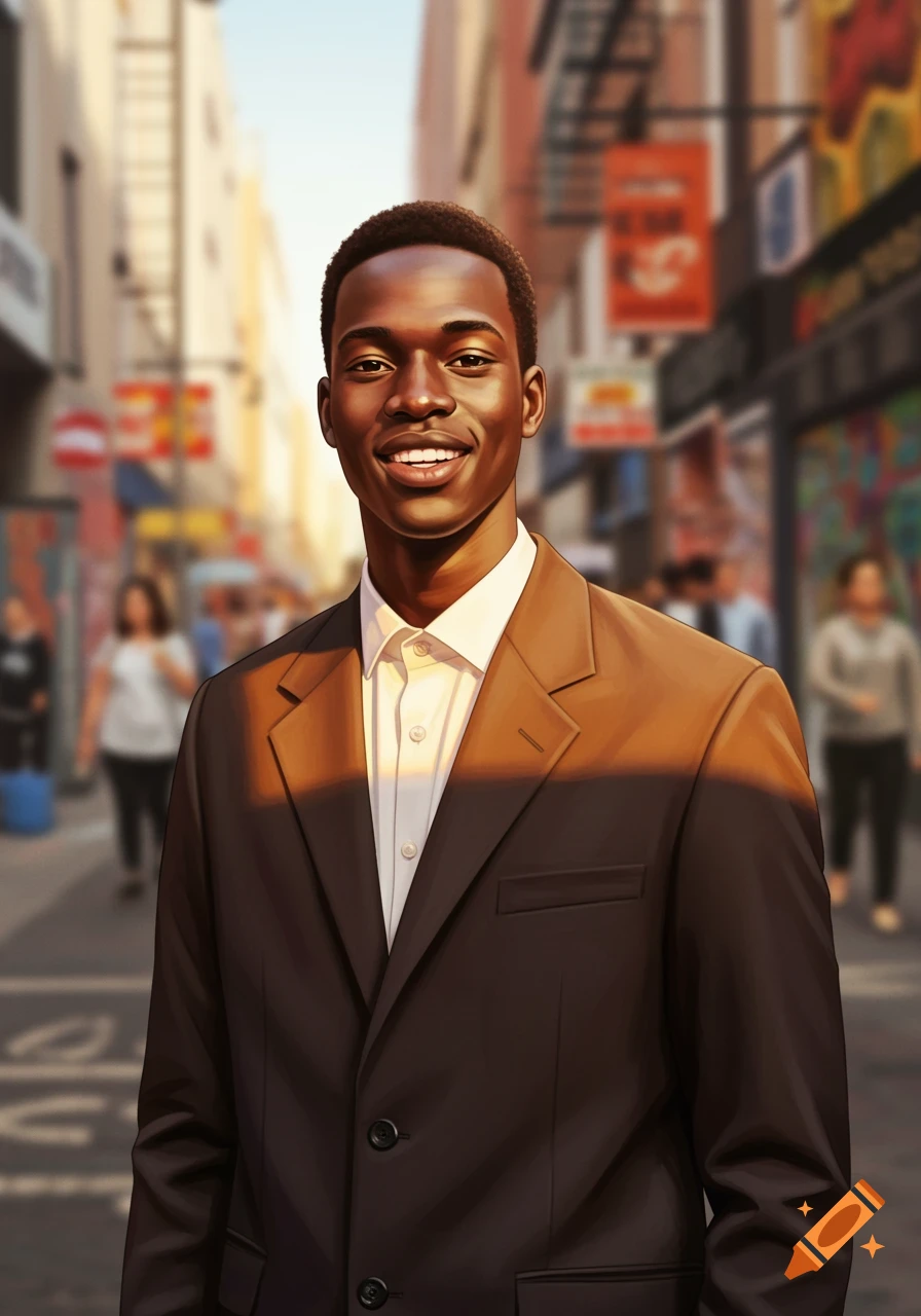 A smiling young Black man in a dark suit and white shirt stands on a blurred city street, lit by sunlight.