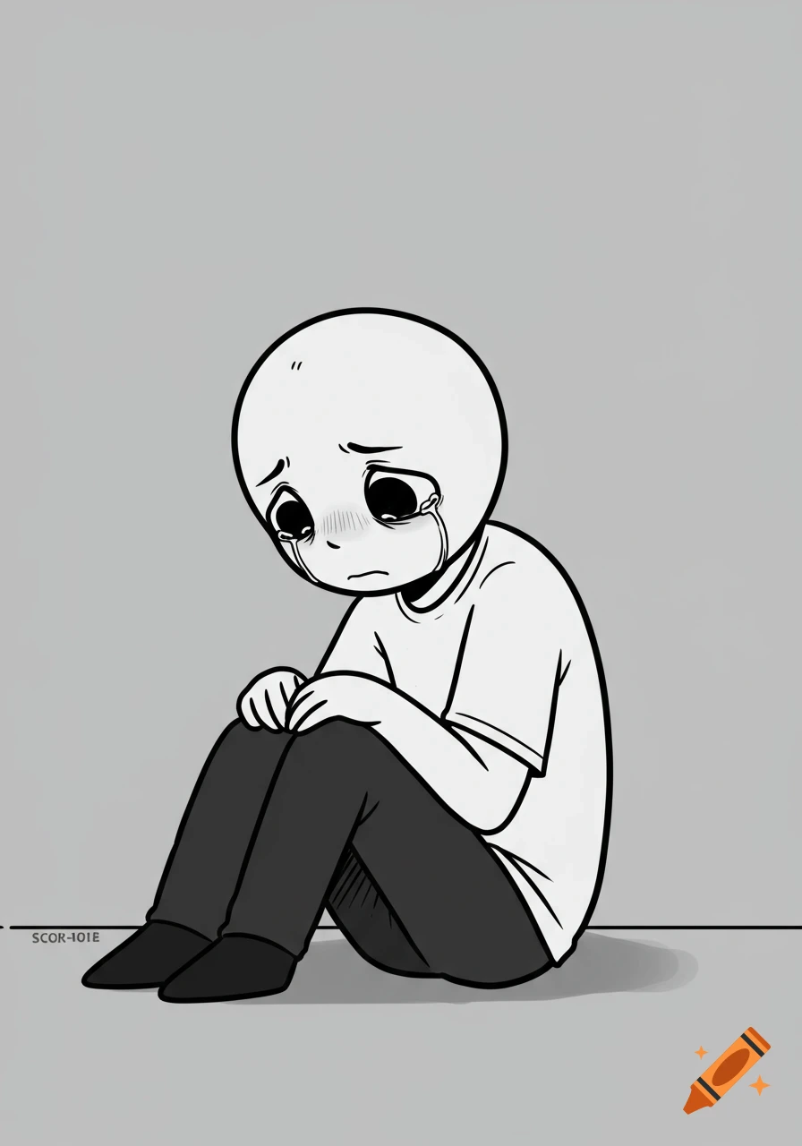 A minimalist black and white cartoon of a sad, crying character sitting on the floor with their head tilted down.