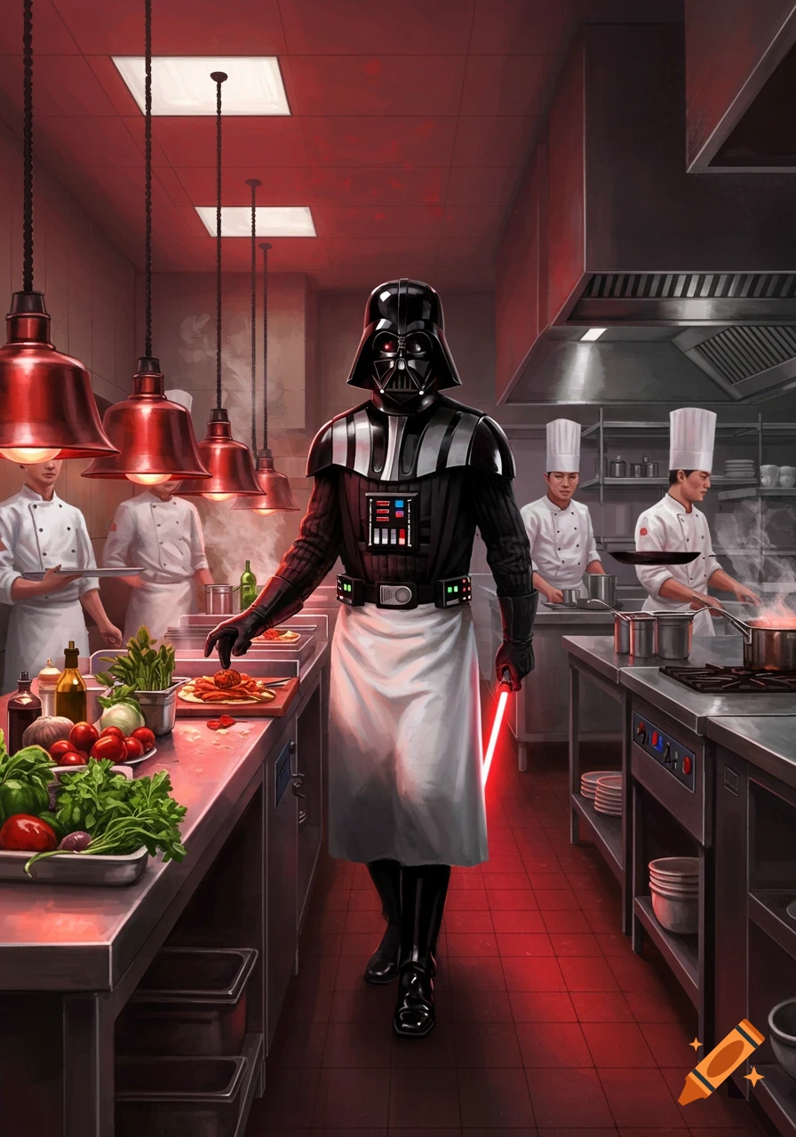 Darth Vader, wearing an apron and holding a red lightsaber, stands in a busy kitchen with other chefs.