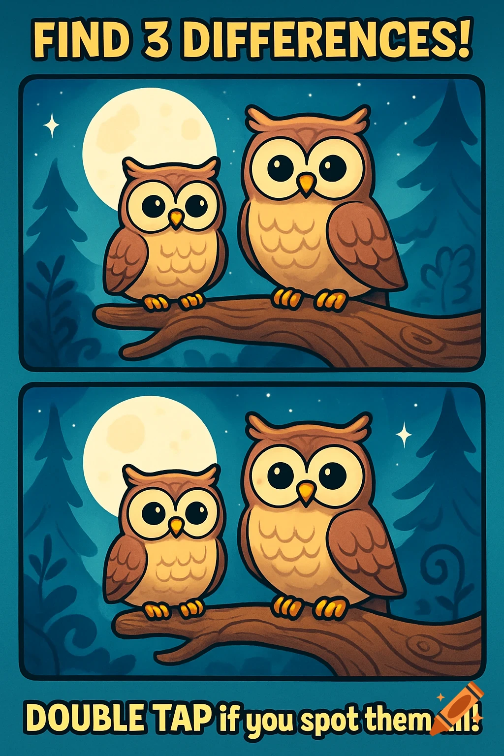 A cartoon 'find the differences' puzzle. Two stacked panels each show two owls on a branch at night under a full moon.