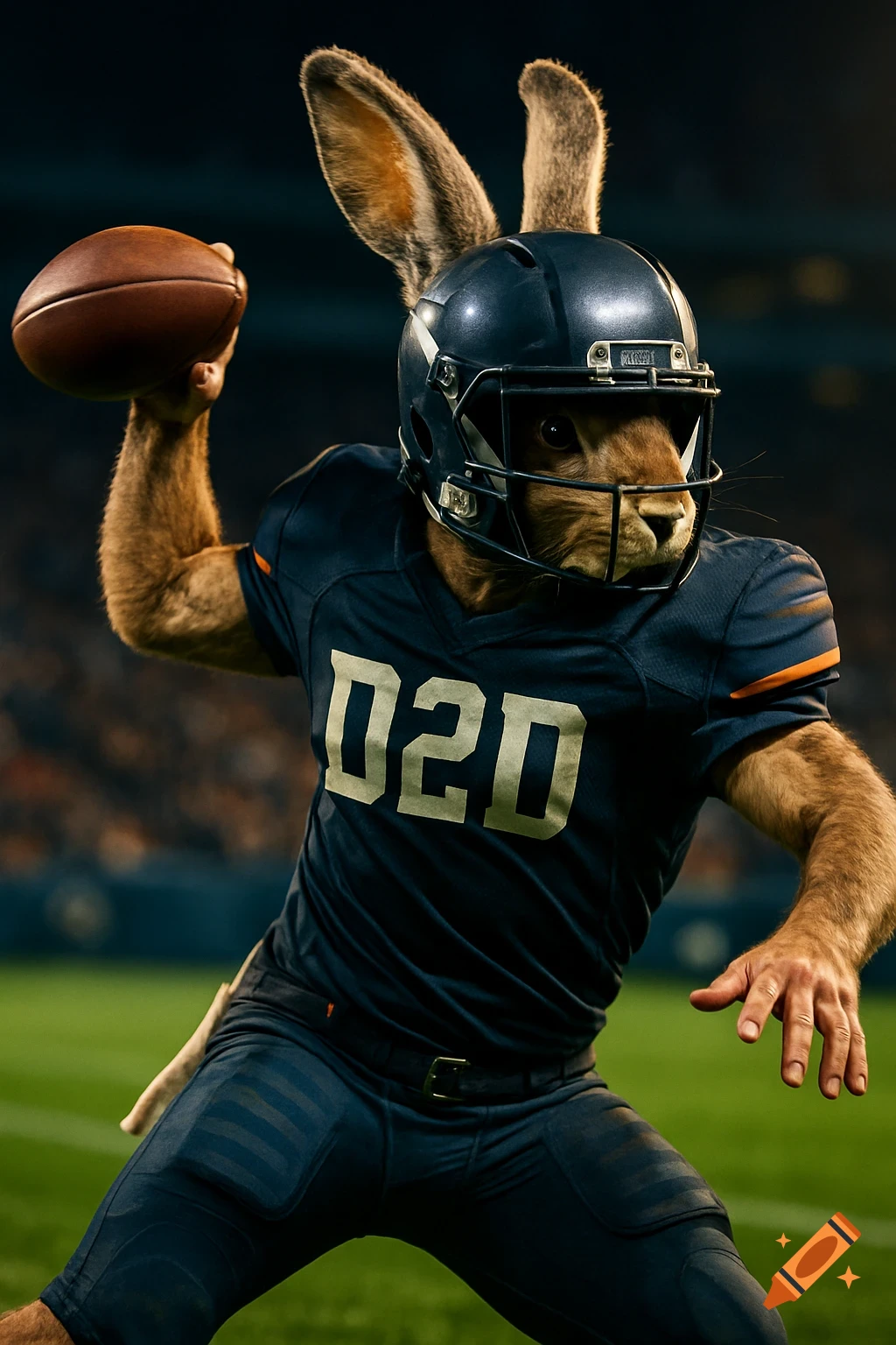 Photorealistic rabbit in a football uniform and helmet throwing a football on a stadium field.