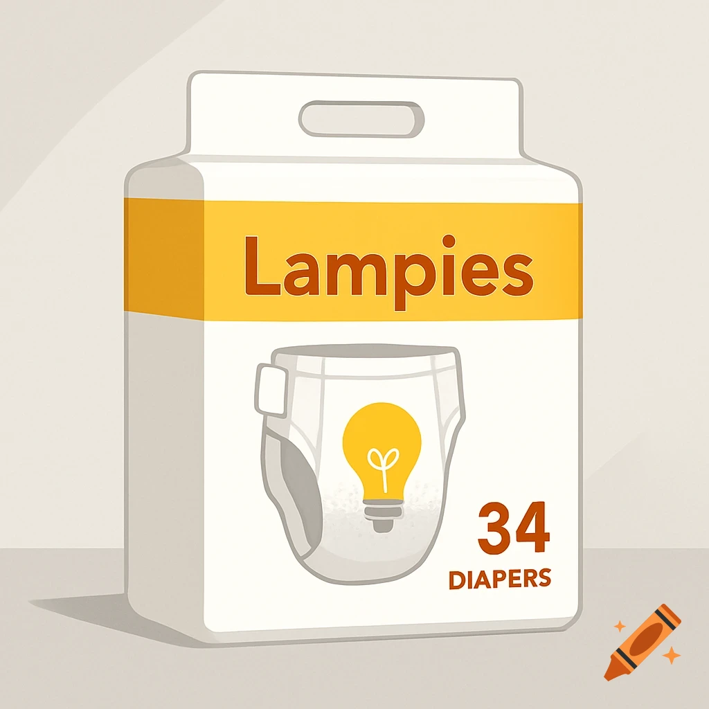 An illustration of a white 'Lampies' diaper pack with a yellow stripe, a lightbulb icon, and '34 DIAPERS' text.