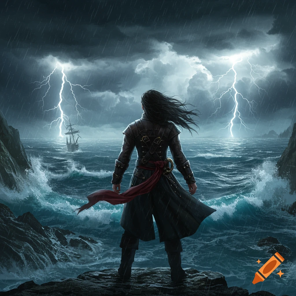 A pirate, viewed from behind, stands on a rocky shore, gazing at a stormy sea with lightning and a distant ship.