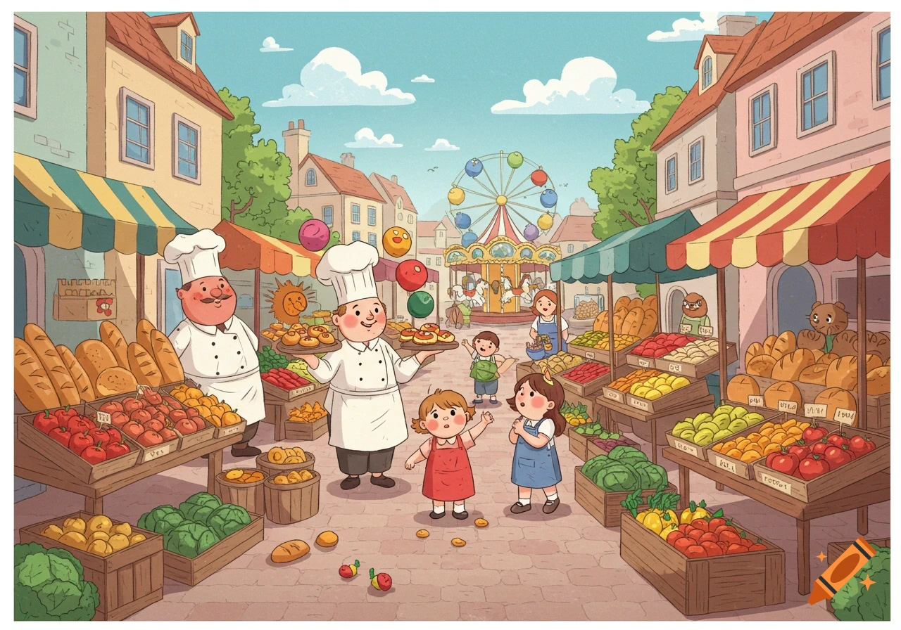 A colorful cartoon scene of a bustling outdoor market with two chefs, children, and stalls selling bread, fruits, and vegetables. A ferris wheel and carousel are in the background.