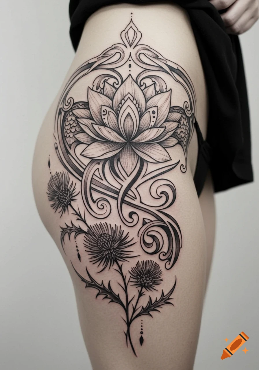 Filigree Hip Tattoo created on Craiyon, image size:896x1280