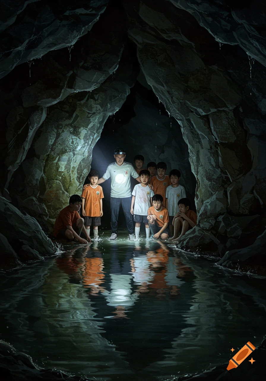 A soccer coach and a group of boys stand in a dark, watery cave, illuminated by a headlamp, with reflections in the water.
