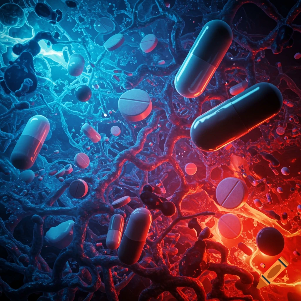 Abstract image of various pills and capsules floating among interconnected neural-like structures with vibrant blue and red lighting.
