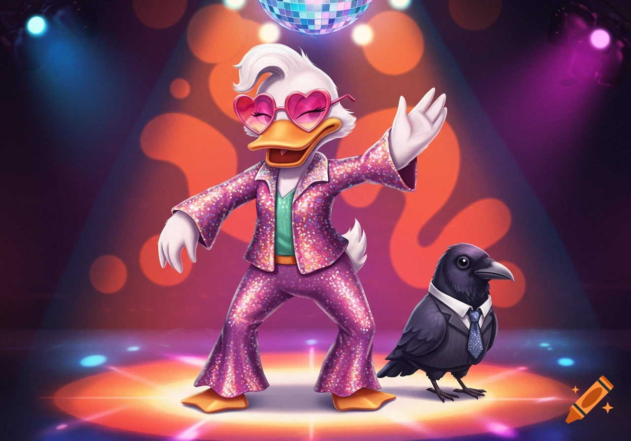 A cartoon duck in a sparkly pink disco outfit and heart sunglasses dances under a disco ball, next to a serious raven in a suit.