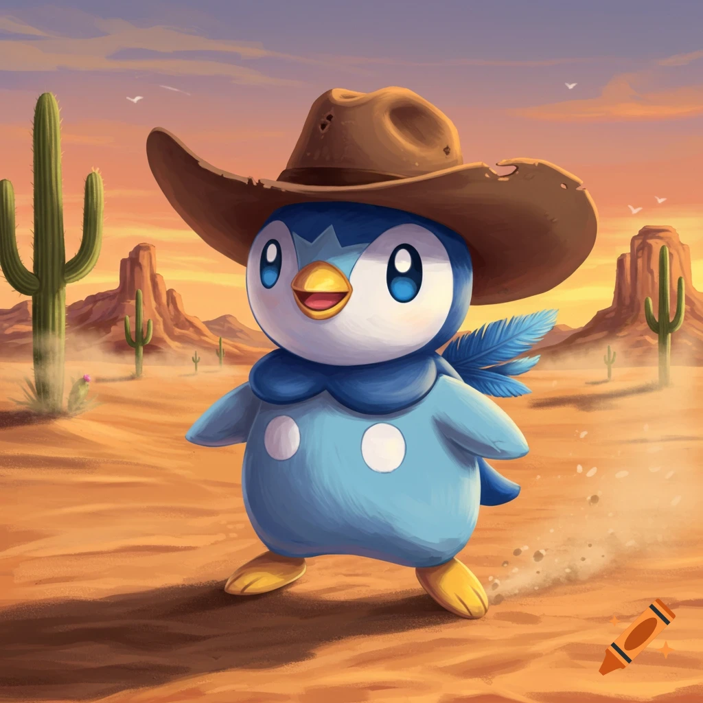 A blue Piplup Pok mmon wearing a brown cowboy hat stands in a sunny desert landscape with cacti and mesas.