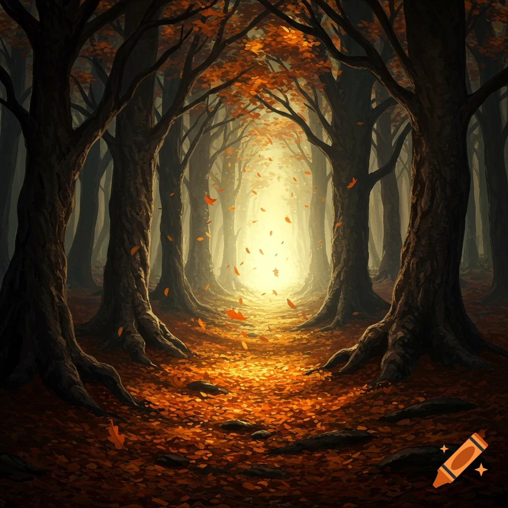 A dark, eerie forest path in autumn with orange leaves on the ground and falling from trees, leading to a bright glowing light.