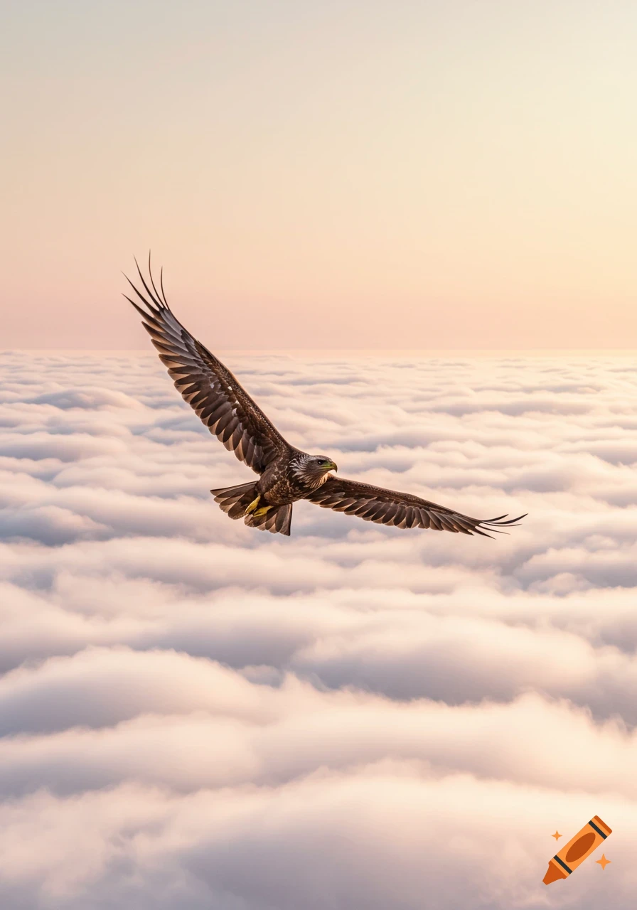 Photorealistic image of an eagle with outstretched wings flying over a sea of clouds at sunset.