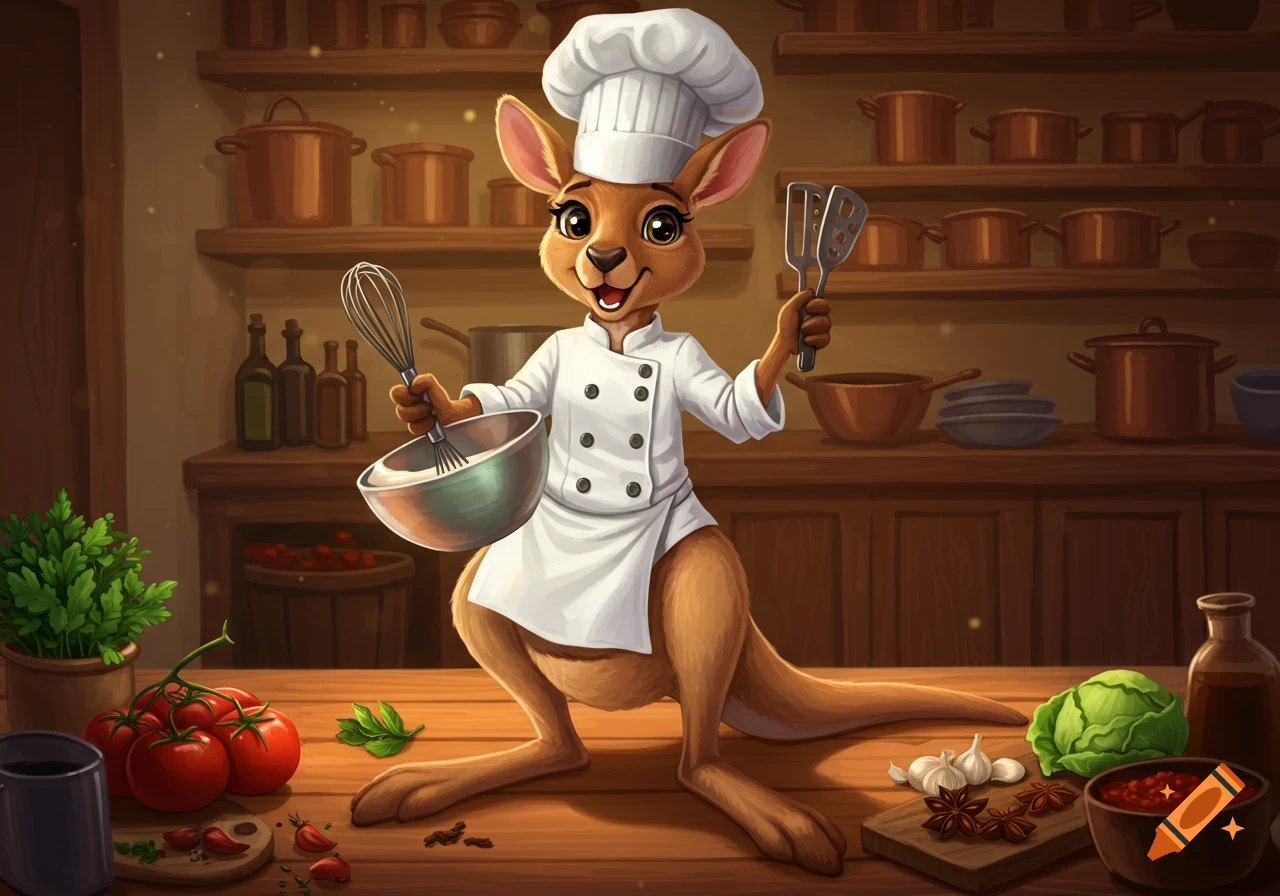 A happy cartoon kangaroo chef in a white chef's hat and coat holds a whisk and mixing bowl, standing in a rustic kitchen filled with fresh ingredients and cookware.