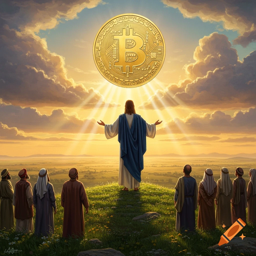 Jesus with outstretched arms looks up at a glowing Bitcoin in the sky, surrounded by disciples during a dramatic sunset.