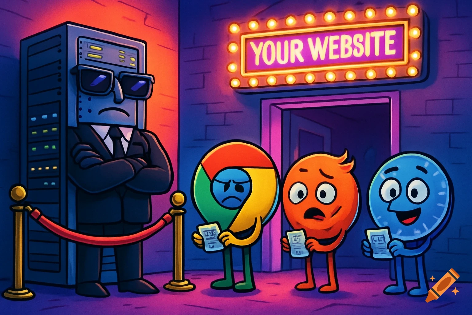 A cartoon of a server rack bouncer checking tickets from Chrome, Firefox-like, and another browser icon outside 'YOUR WEBSITE' nightclub.