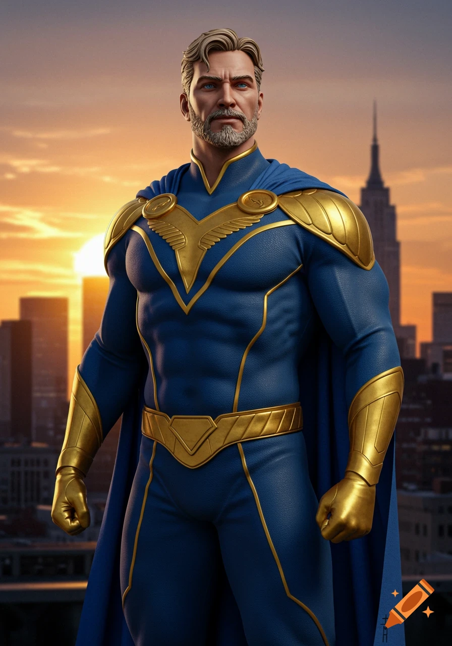 A photorealistic depiction of a strong, grey-haired superhero man in a blue and gold suit, standing against a city sunset.