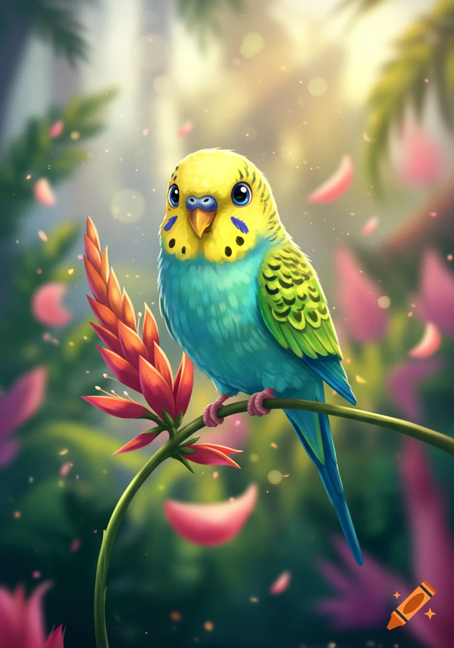 A cute, stylized yellow and blue-green parakeet perches on a branch with a red flower, in a vibrant, whimsical illustration.