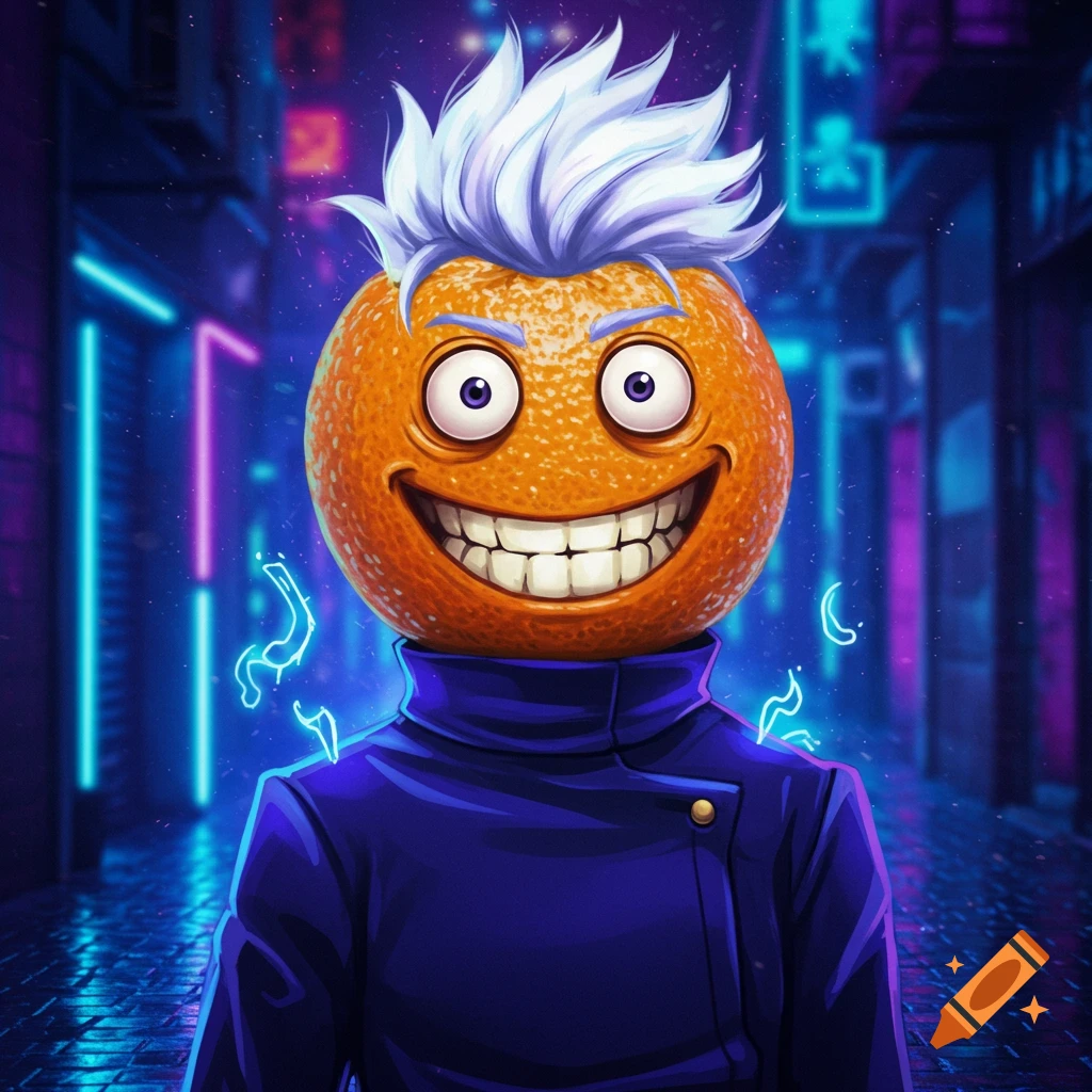 A cartoon orange head with white spiky hair, a wide grin, and large eyes, wearing a dark blue jacket, stands in a neon-lit cyberpunk street.